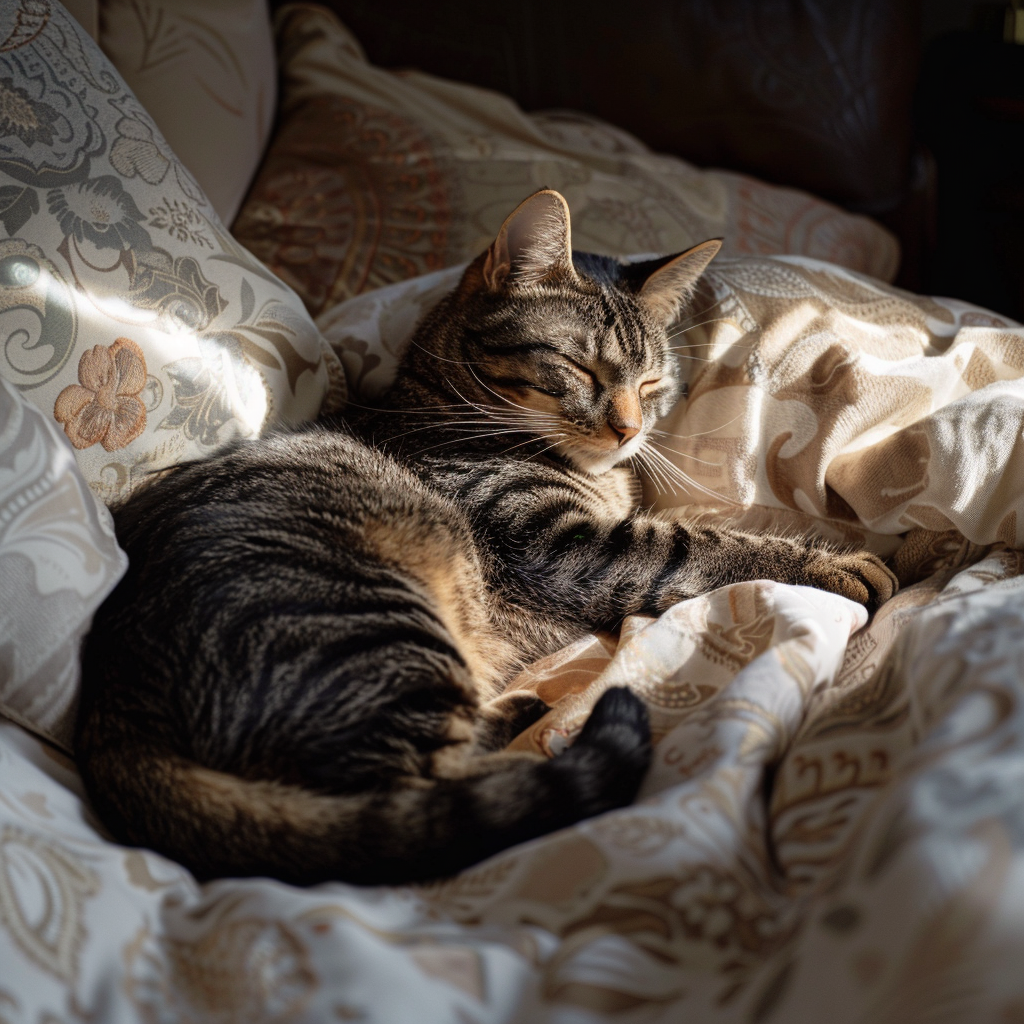 Tabby cat napping in sunbeam, cozy bedroom scene.