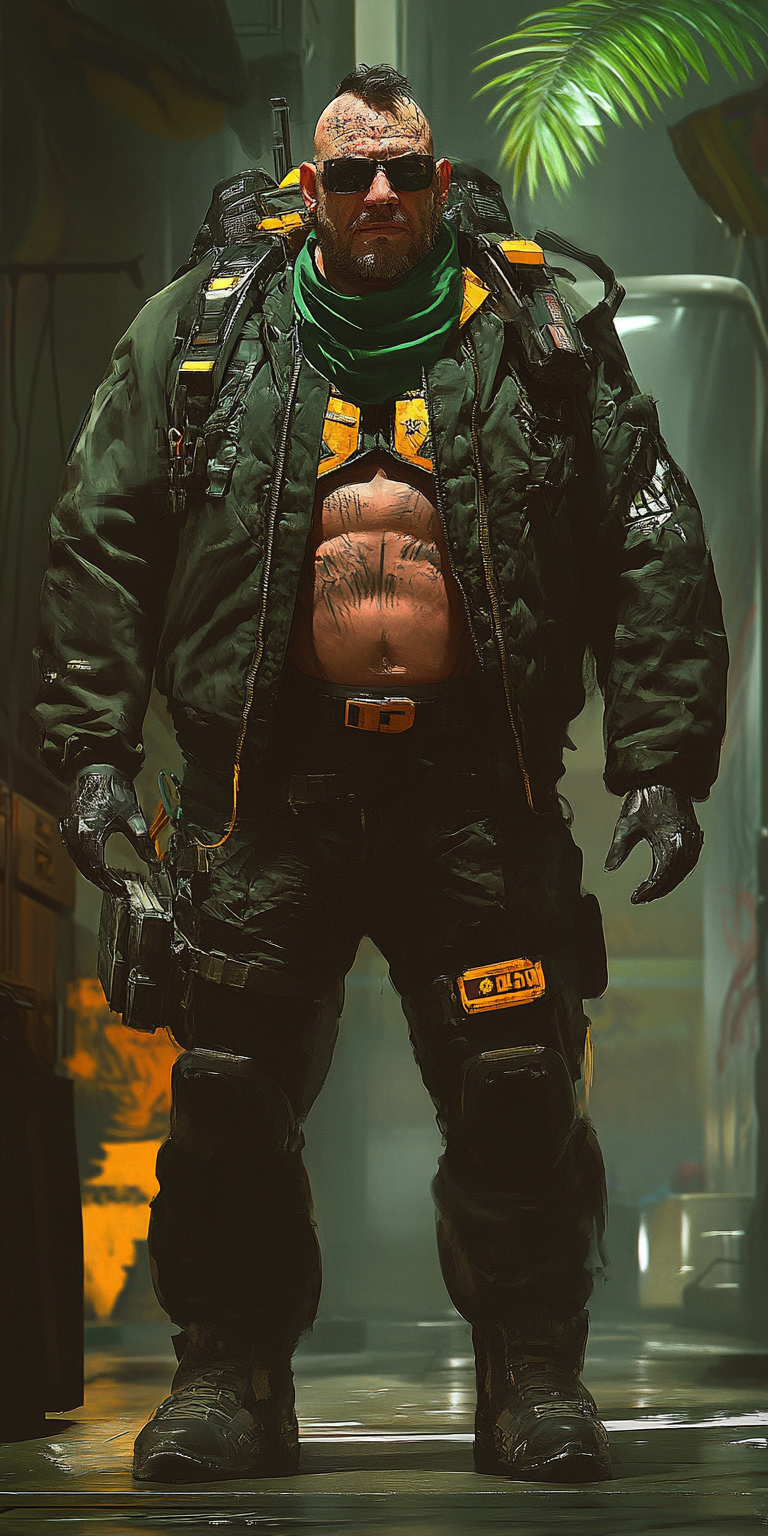 Tall, scarred gang boss in cyberpunk world with jacket.