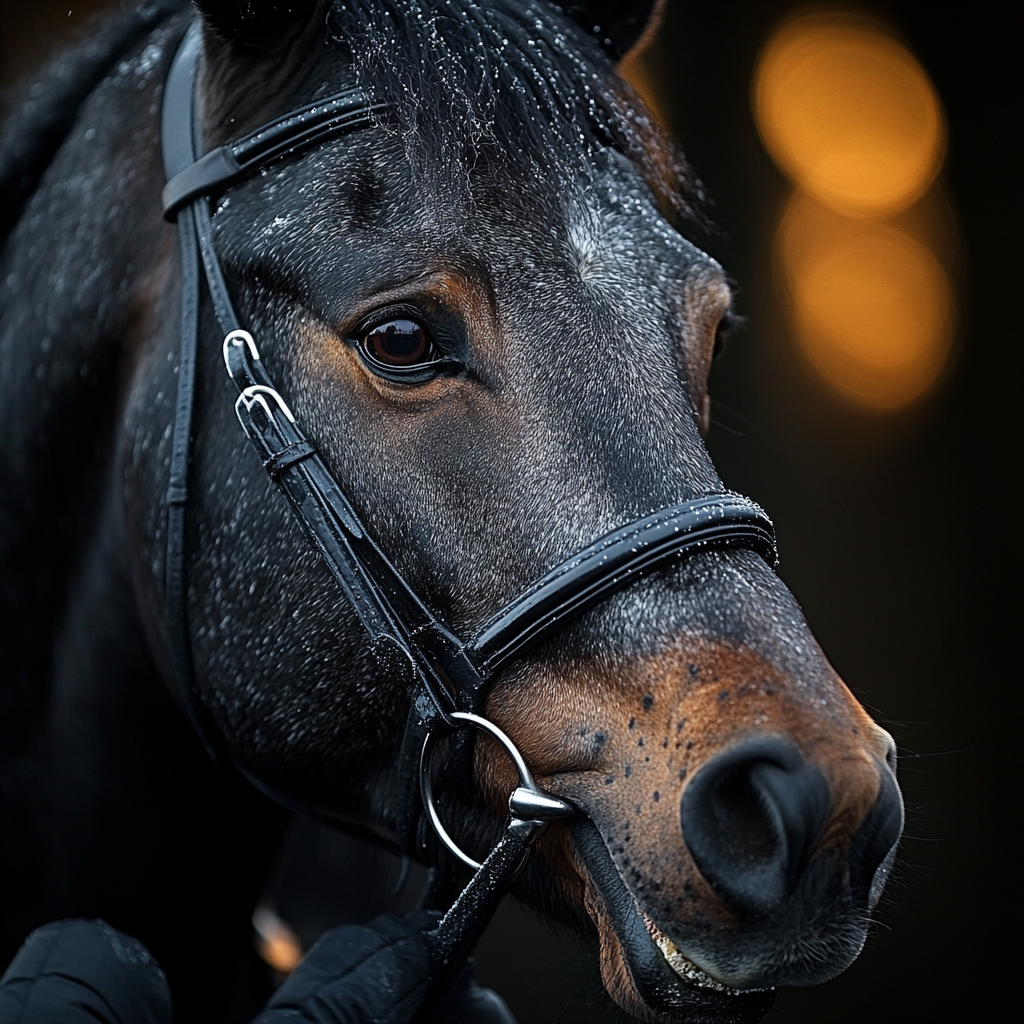 Tamed horse, person mounting in dark scene