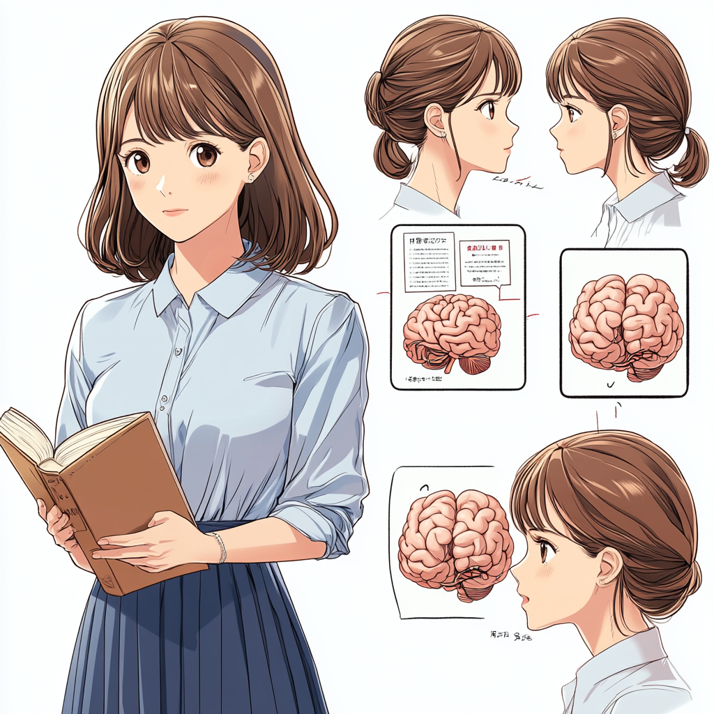 Tappuru Sensei, 25, with brown hair, psychology book. Brains, hearts, color palette, labels, clean background.