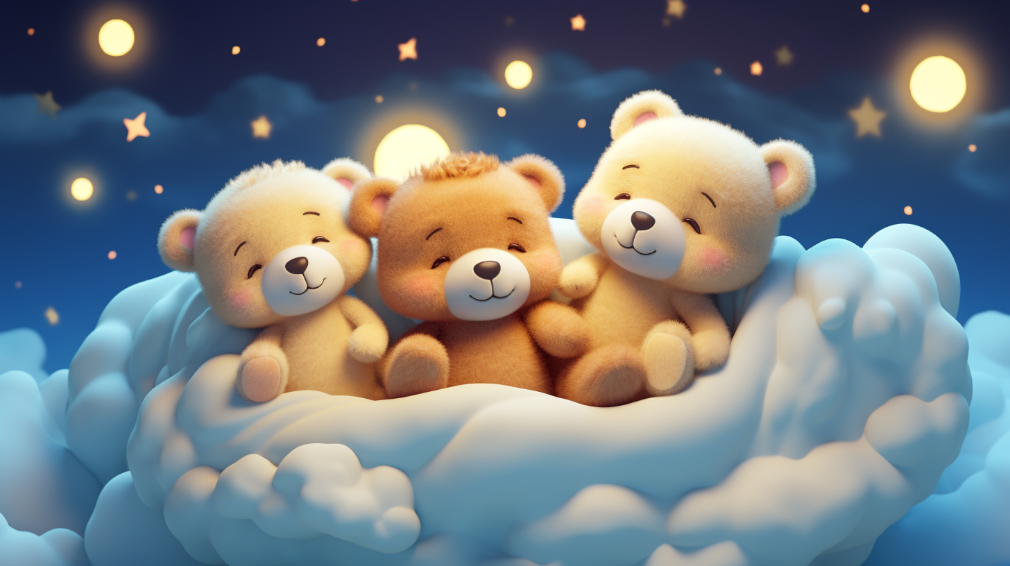 Teddy bear sleeping on clouds, moon and stars.