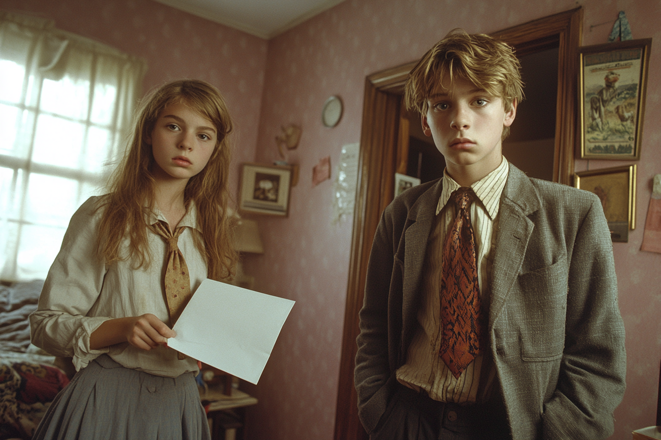 Teenage boy in blazer hands envelope to sister.