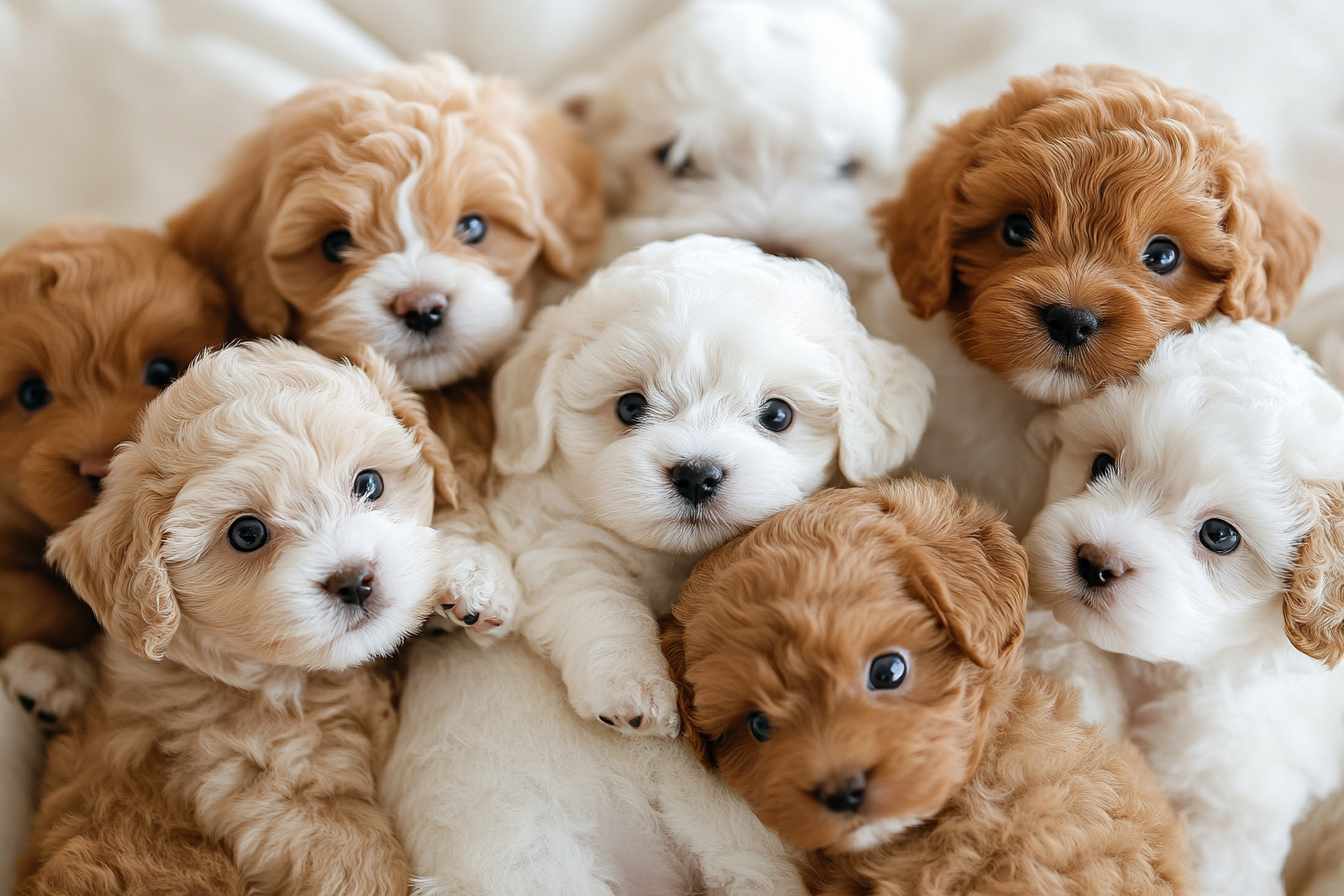 Ten adorable Bichon Frisé puppies cuddled together, cute background