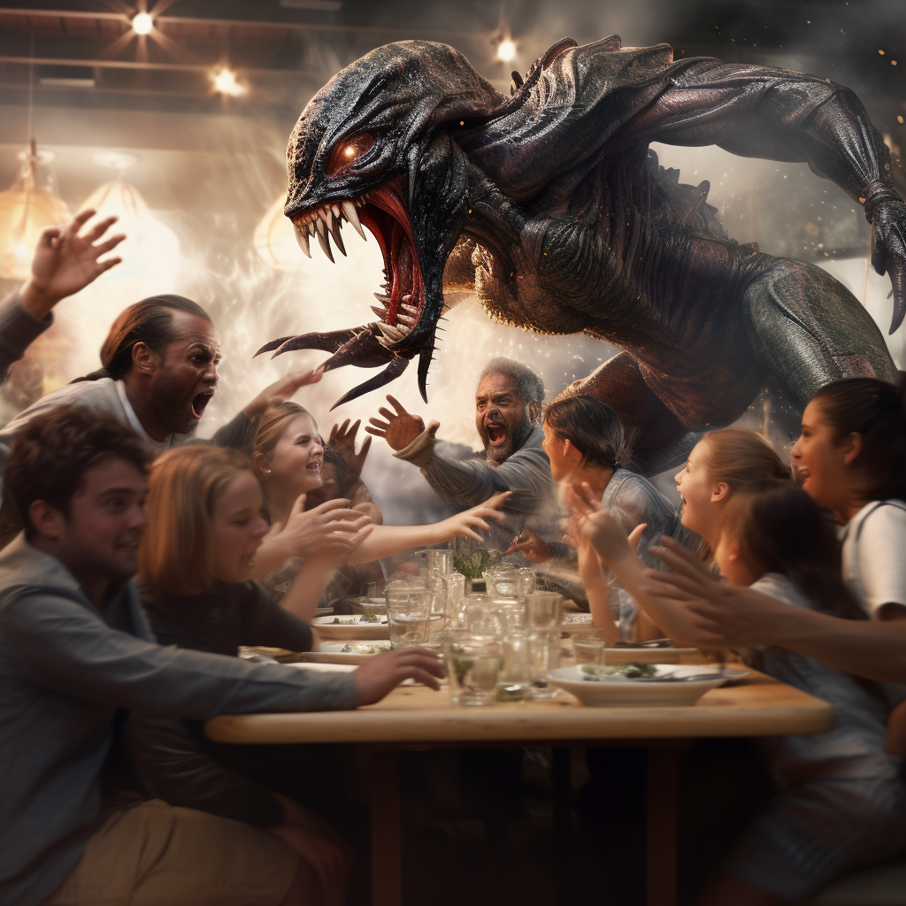 4. Mischievous xenomorph creating chaos at dinner