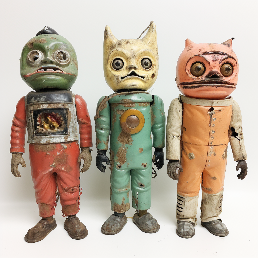 Three sizes vintage Japanese horror figures on white background.