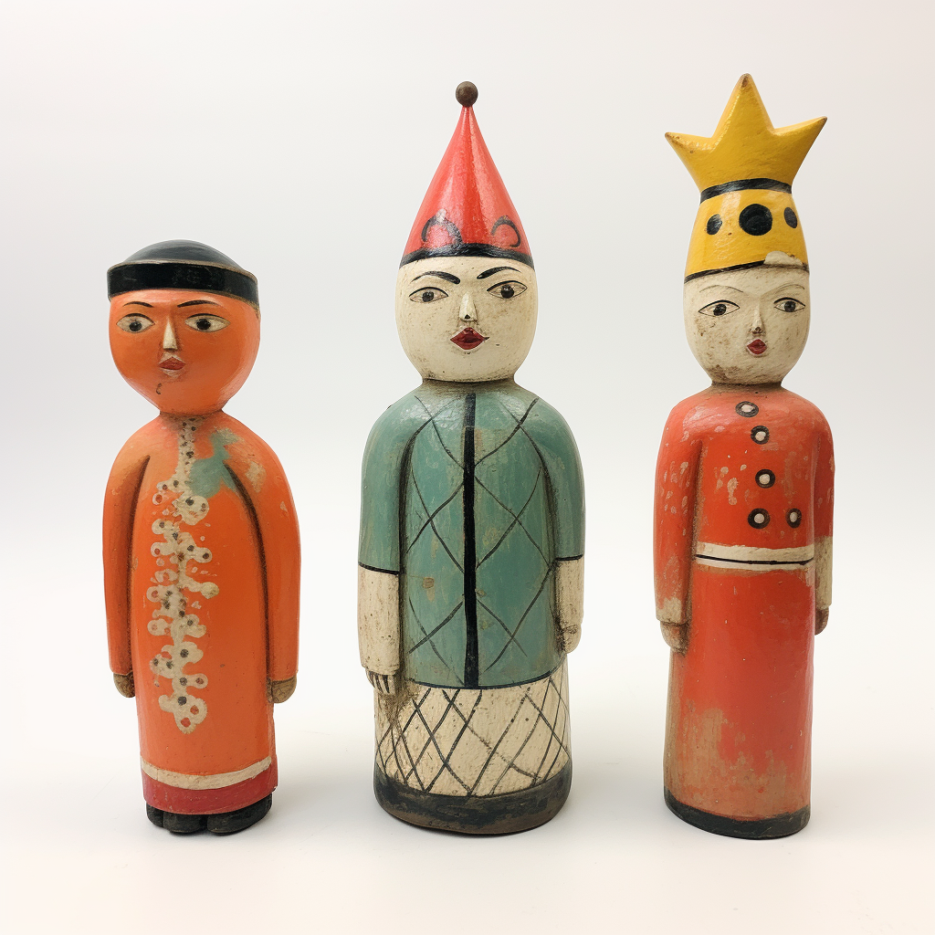 Three vintage Japanese sofvi figures, varying sizes, colorful.