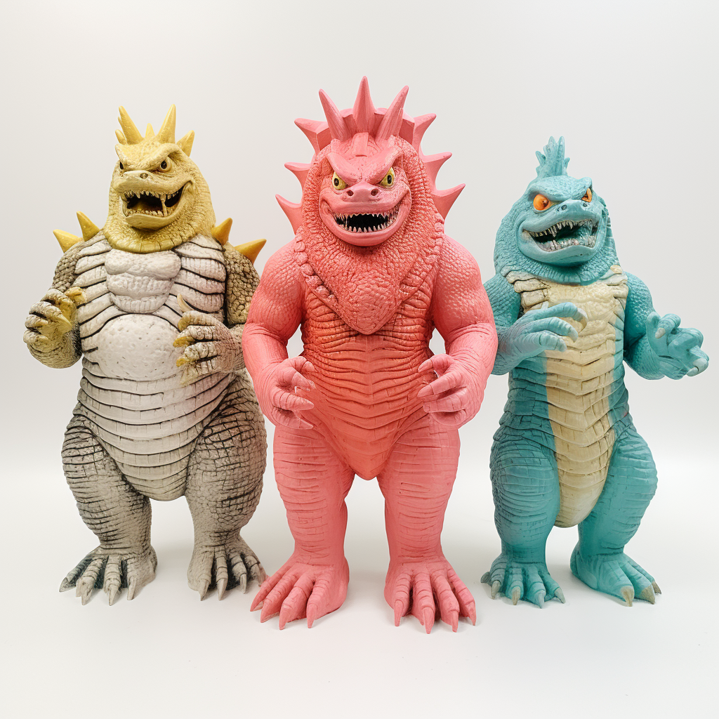 Three vintage kaiju figures: different sizes, Japanese, 1960s.