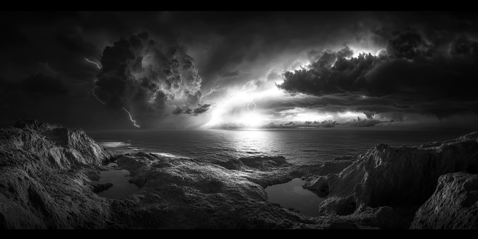 Thunderstorm rolling in over ocean, glowing lightning illuminating clouds