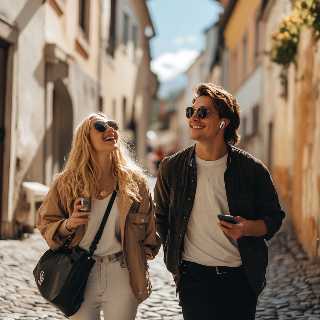 Tourists Couple Joyfully Exploring European Town On Cobblestone Street