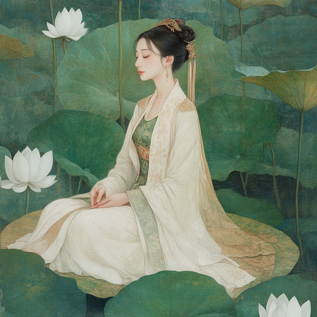 Traditional Hanfu beauty on lotus leaf, green leaves background.