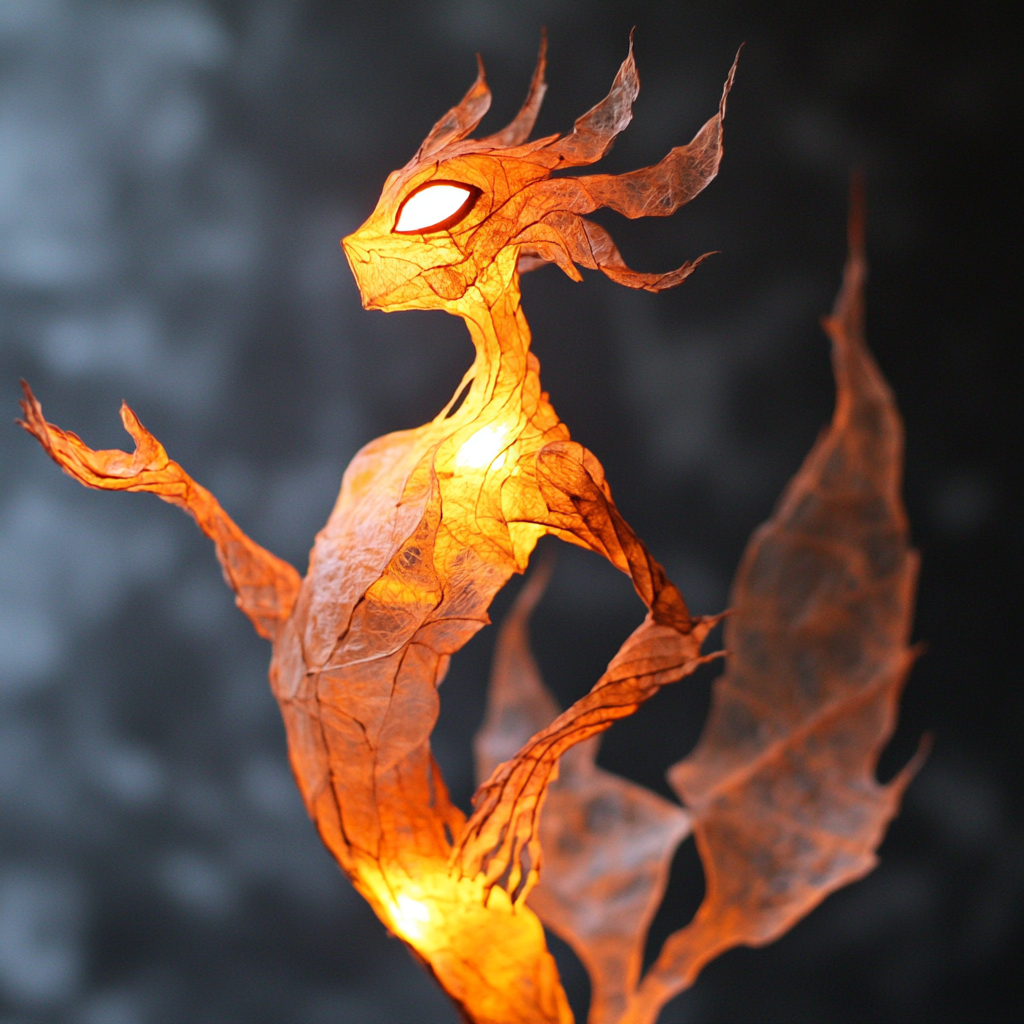 Translucent fire spirit puppet dances with flickering candle flame.