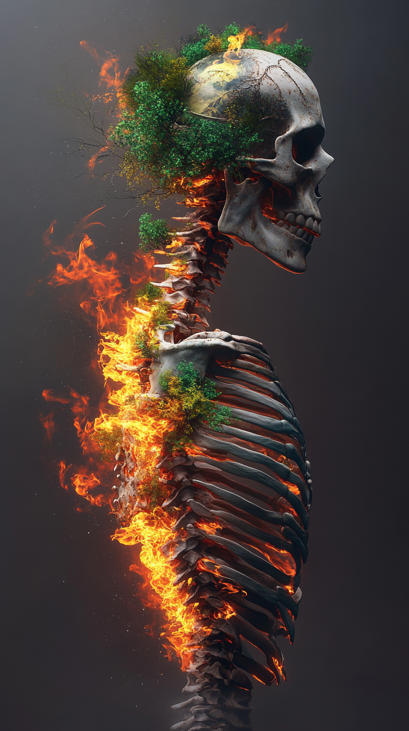 Trees growing from human spine, skull showing through.