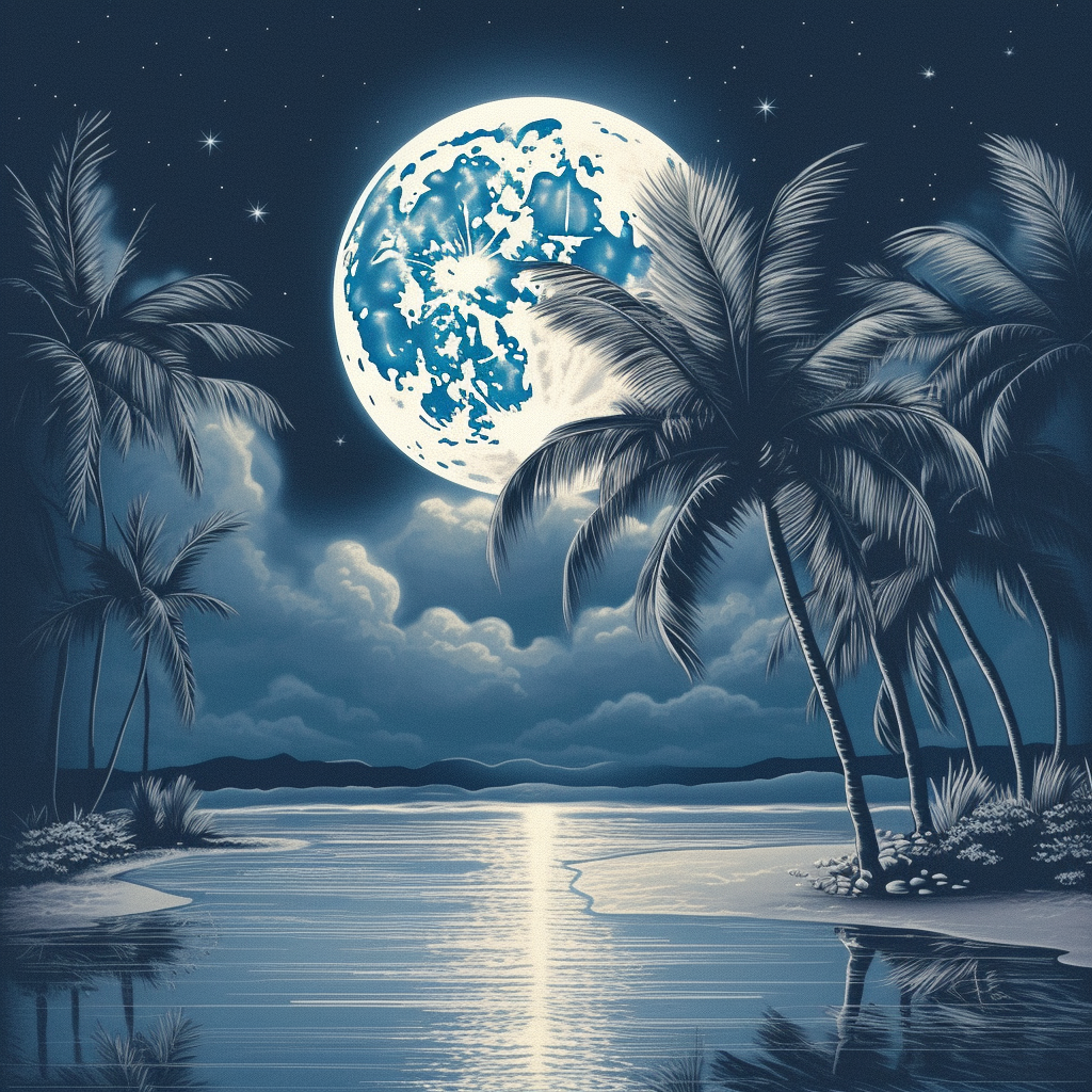 Tropical beach scene with palm trees under full moon.