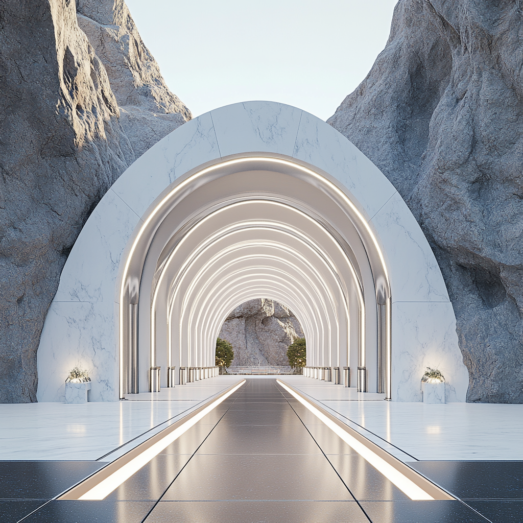 Tunnels with steel, marble, glass, granite walkways, lights, colors.