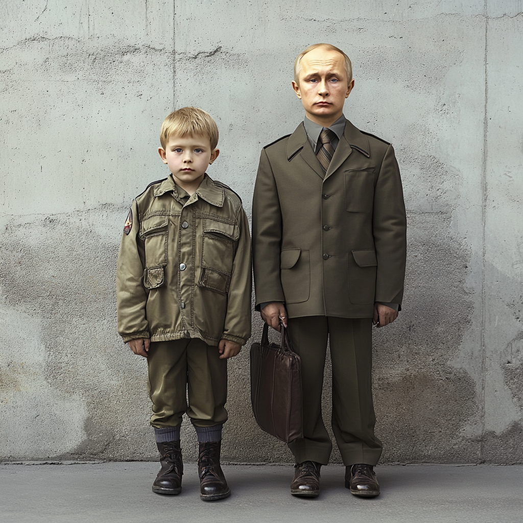 Two boys with Vladimir Putin faces, one taller.