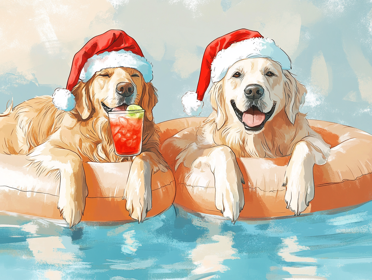 Two cute dogs in Christmas hats chilling by pool.