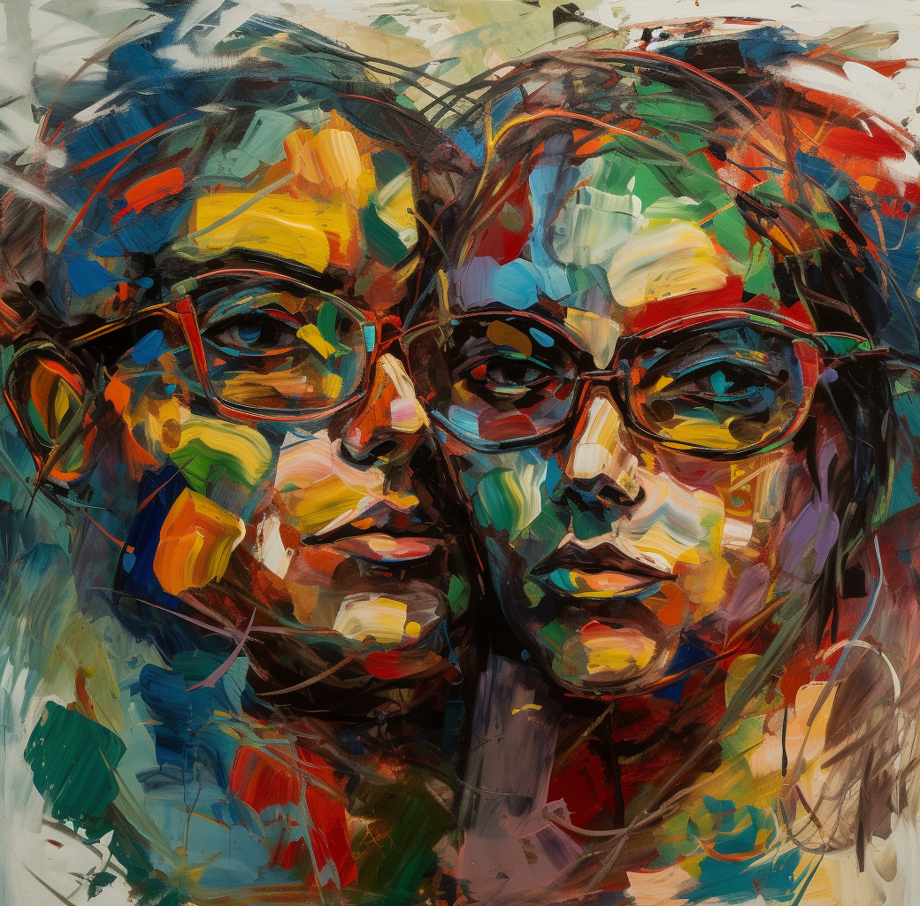 Two faces, one with glasses, in artistic abstract composition.