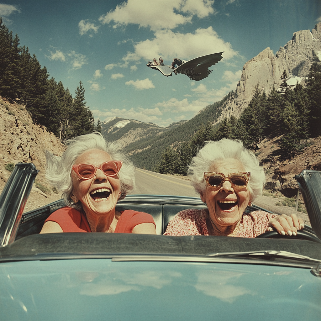 Two happy elderly women, flying convertible with wings laughing.