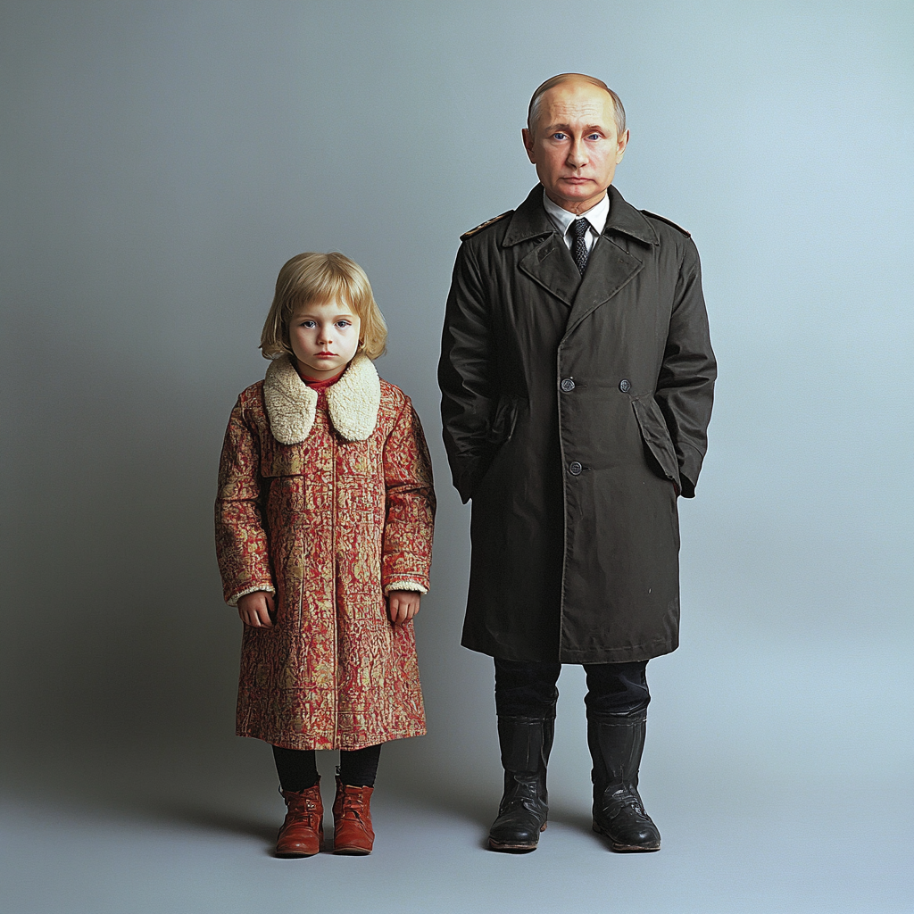 Two kids in Soviet clothing, one 6, one 9.