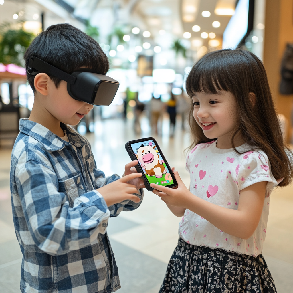 Two kids playing with AR/VR cow game.