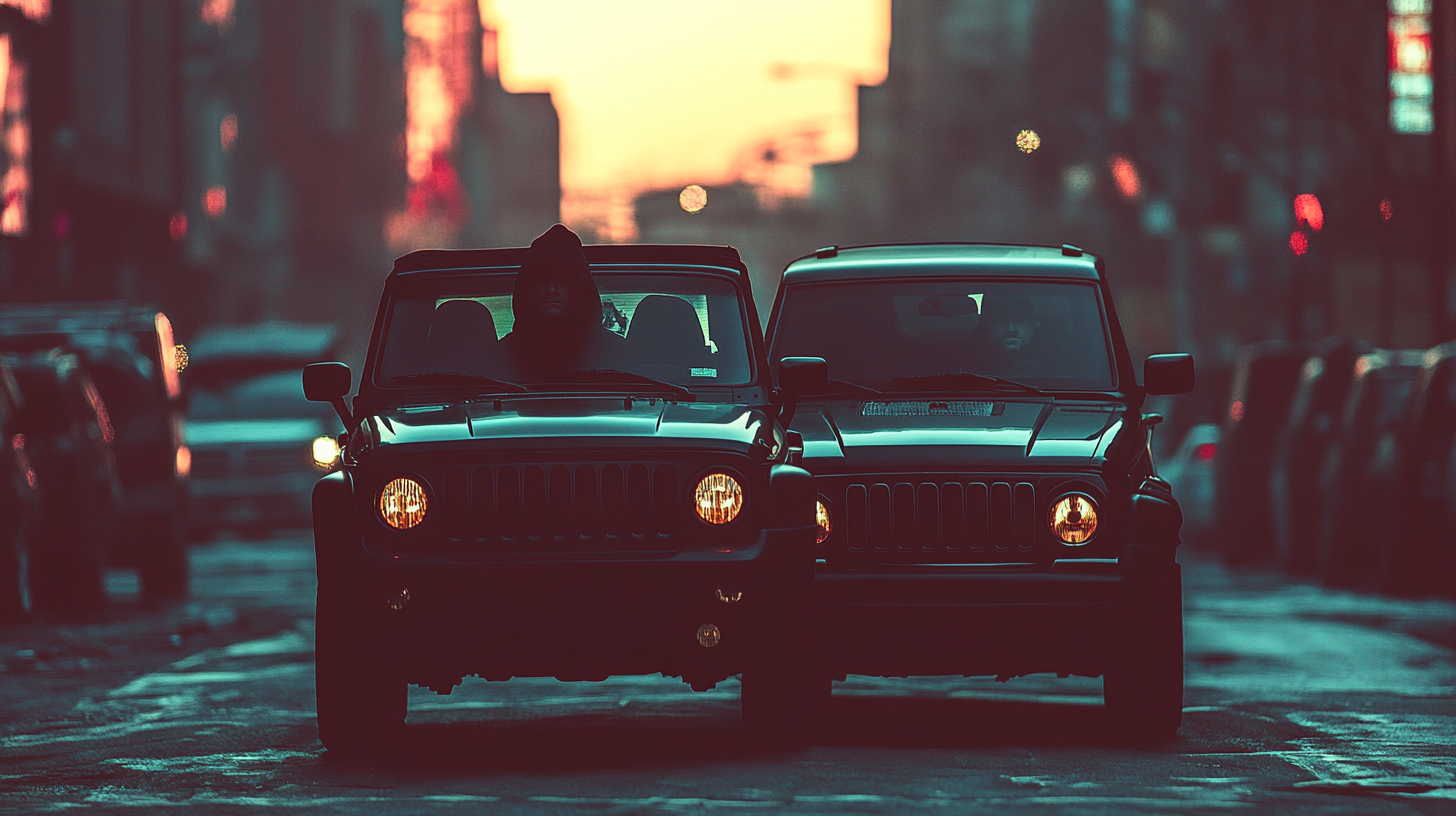 Two men in black ride in black Jeep.