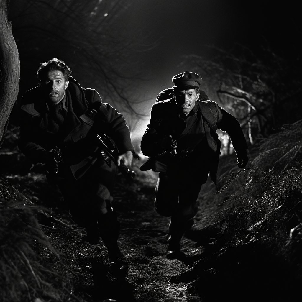 Two men in black run through dense forest at night.