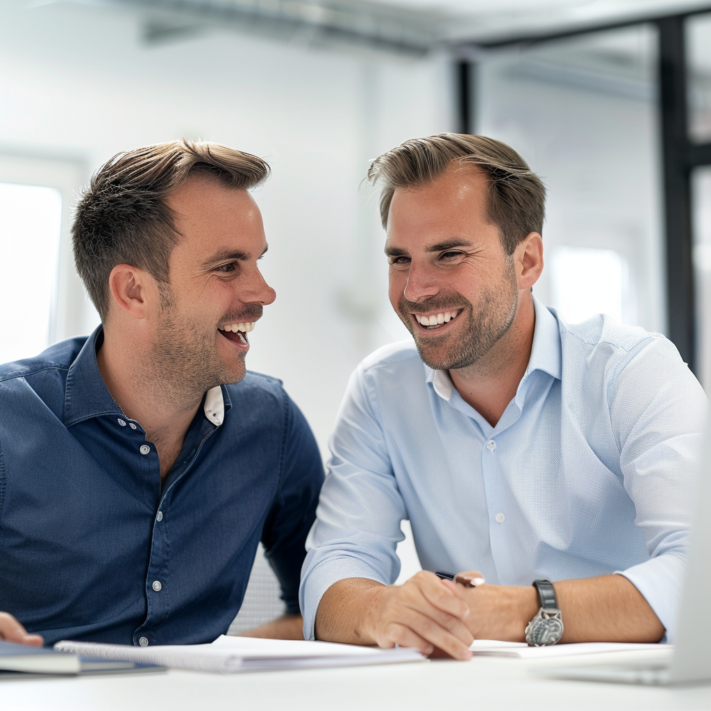 Two nordic consultants discussing happily project, white background, canon EOS.Displayed.Claims version 6.0