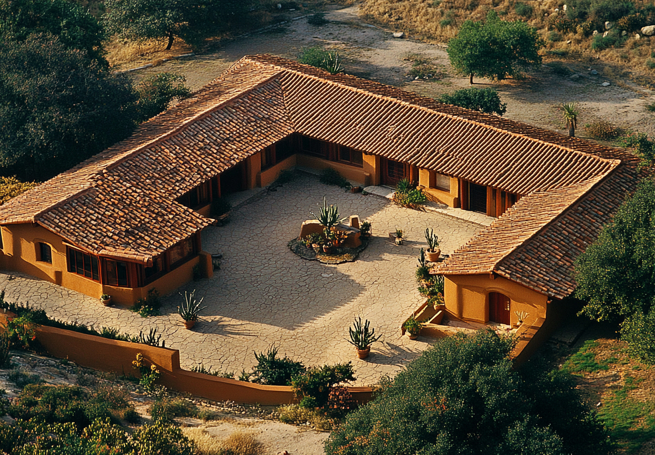 Two story ranch with courtyard, large windows, Oaxaca art.