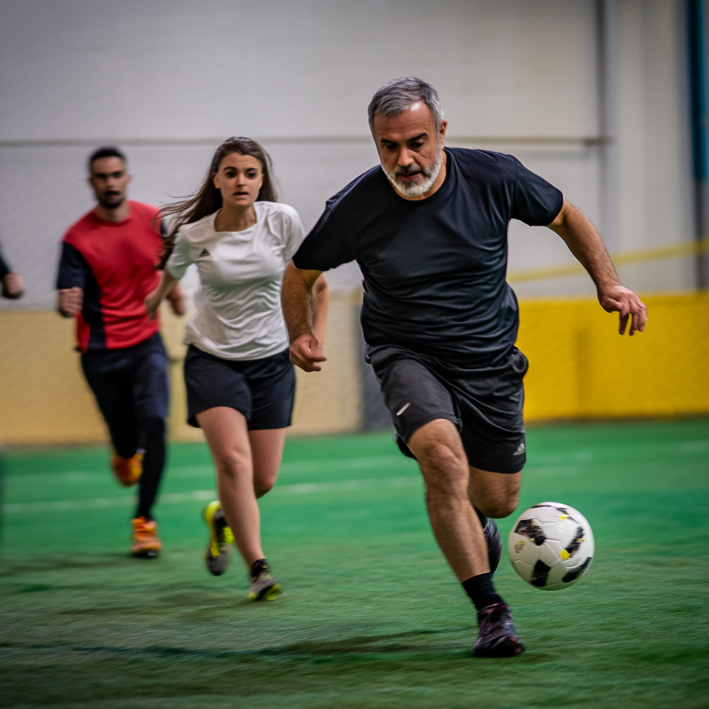 Two teams playing indoor soccer on synthetic grass.