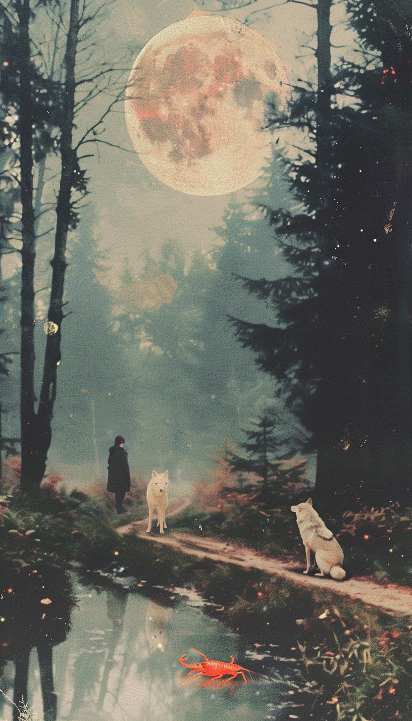 Two white wolves beneath glowing moon in forest scene.