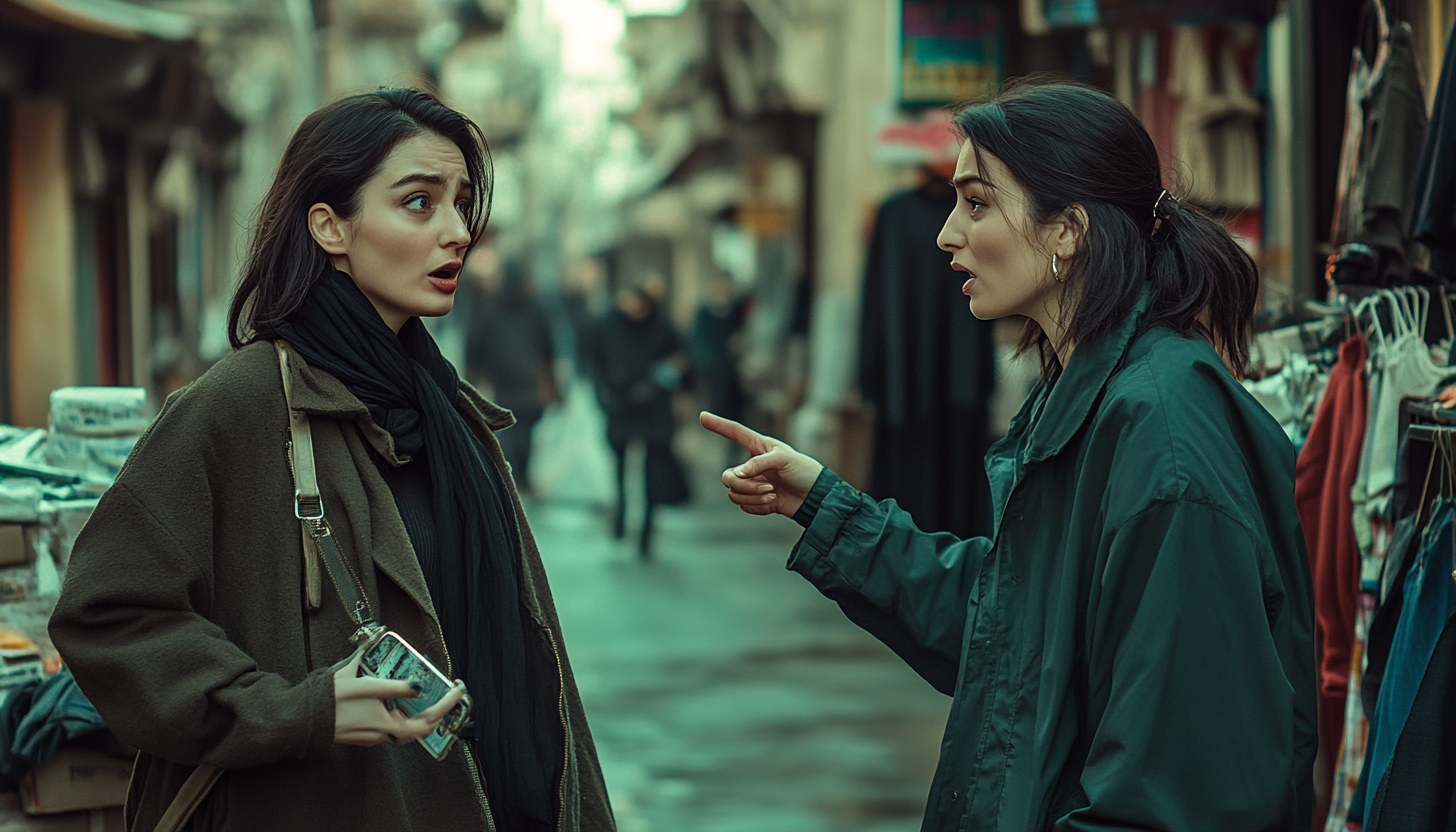 Two women arguing in Middle Eastern marketplace, cinematic shot