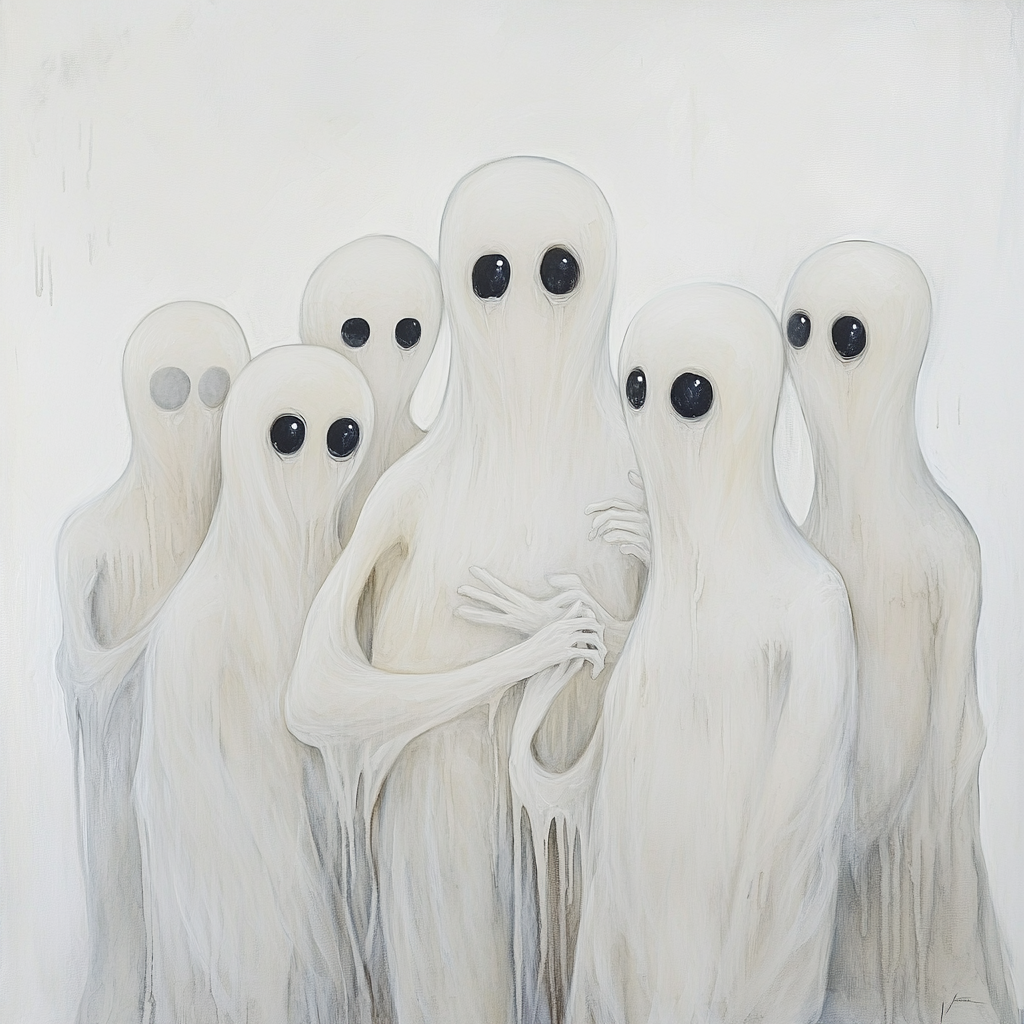 Unique and otherworldly beings in white oil painting.