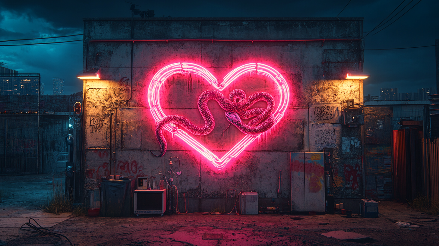 Urban concrete wall with neon lights, snake graffiti heart.