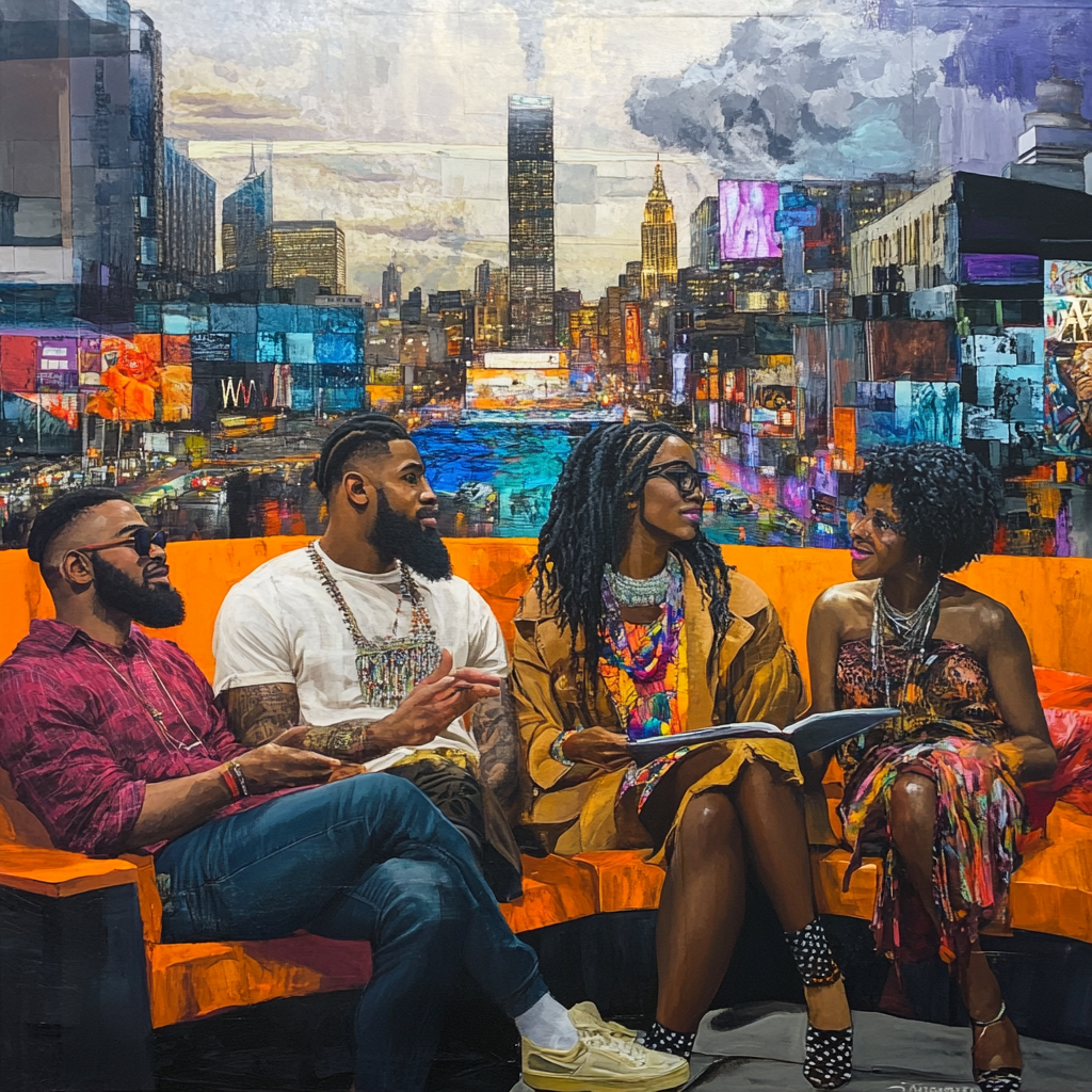 Urban-inspired scene with diverse individuals sharing stories