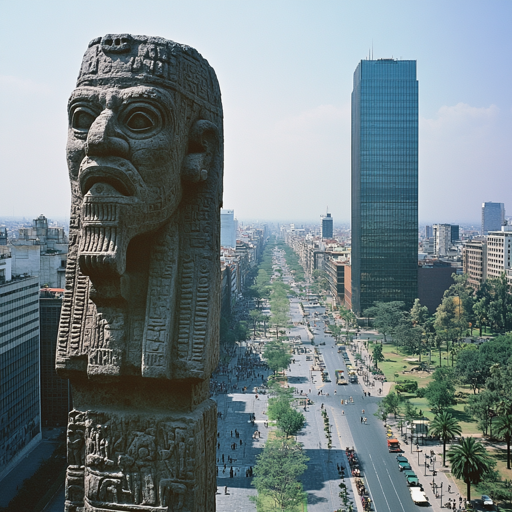 Vast modern city with ancient Olmec monuments blending.