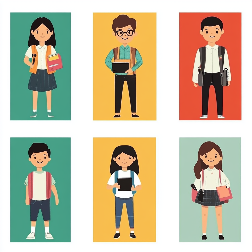 Vector character illustrations: minimalist, educational, diverse, clean lines.