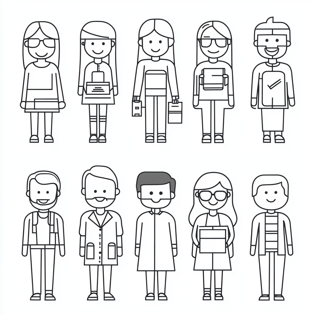 Vector characters with clean lines, diverse roles, educational props.