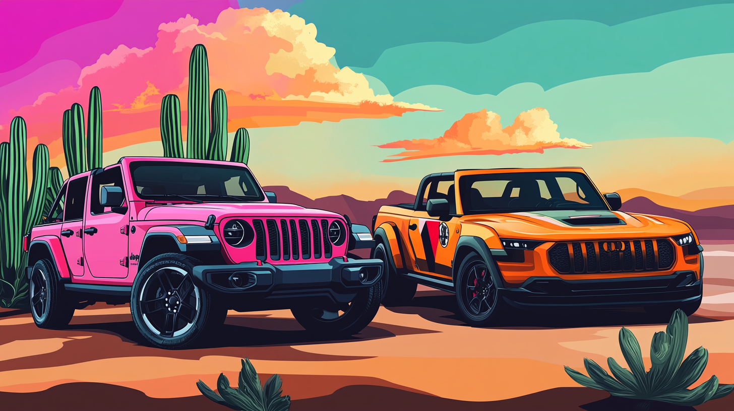 Vector illustration: Jeep Gladiator and Audi R8 together desert-themed.