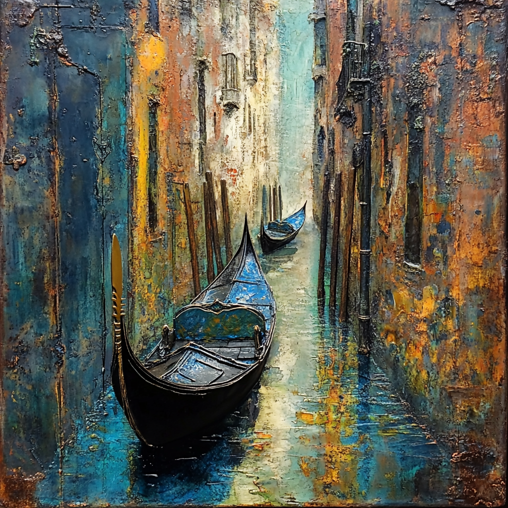 Venice gondolas, Monet-style painting, bronze finish, spatula relief.