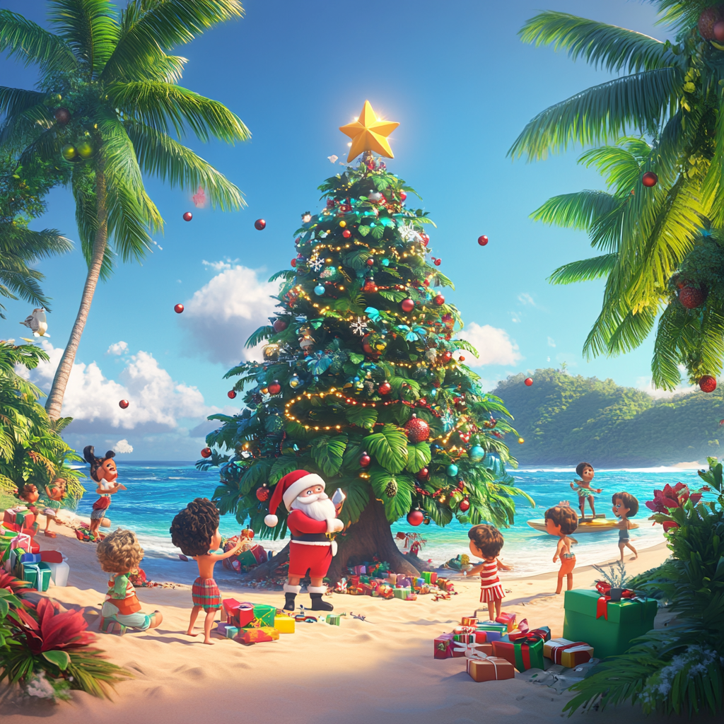 Vibrant Christmas on Tropical Beach with Santa and Children