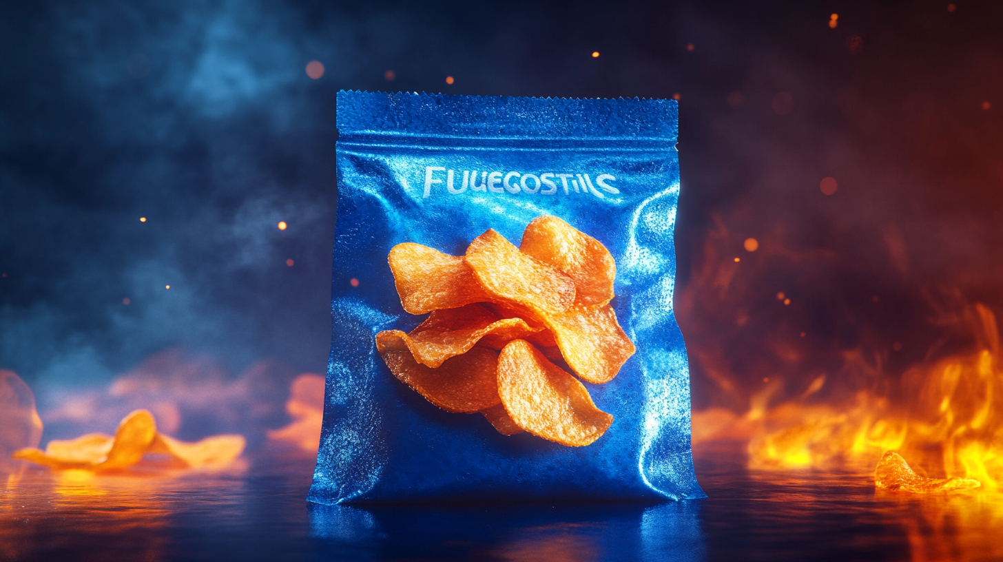 Vibrant blue FuegoStix chip bag with spicy chips.