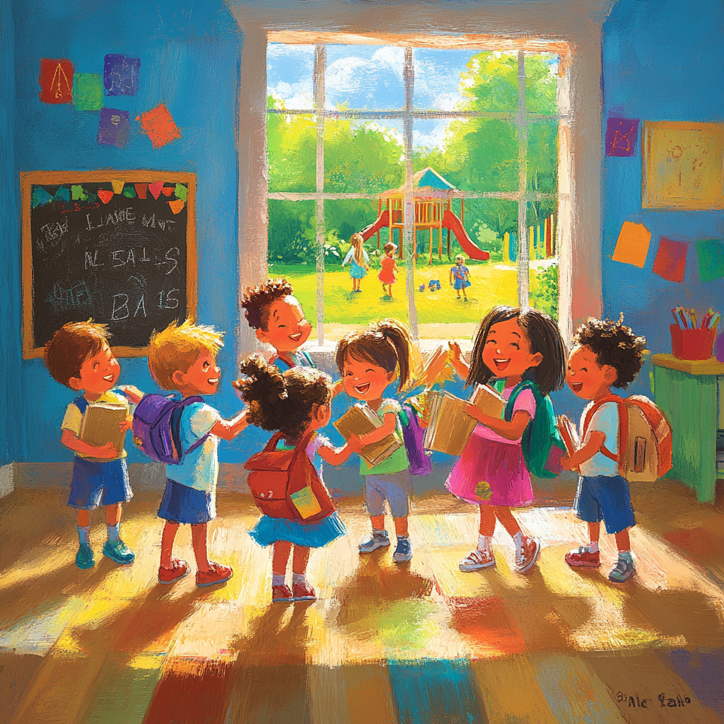 Vibrant first day of school classroom scene with happy children.