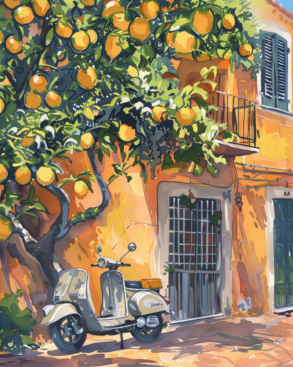 Vibrant lemon trees, vintage Vespa, Sorrento house facade.