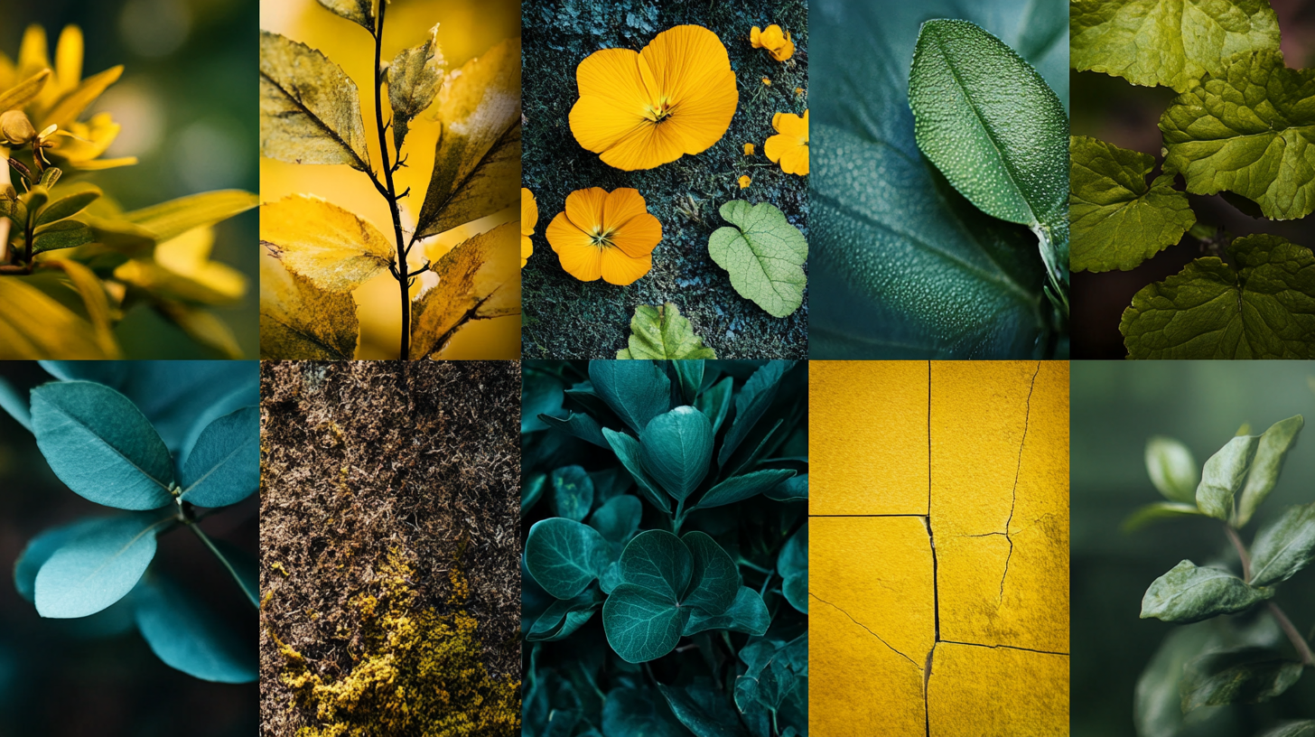 Vibrant nature mood board with yellow, green, blue.