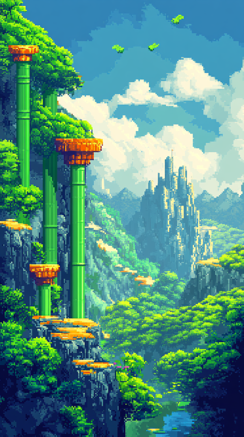 Vibrant pixel video game with whimsical landscape scene.