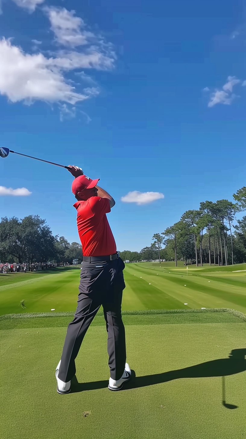 Video of Tiger Woods hitting perfect flop shot on sunny golf course.