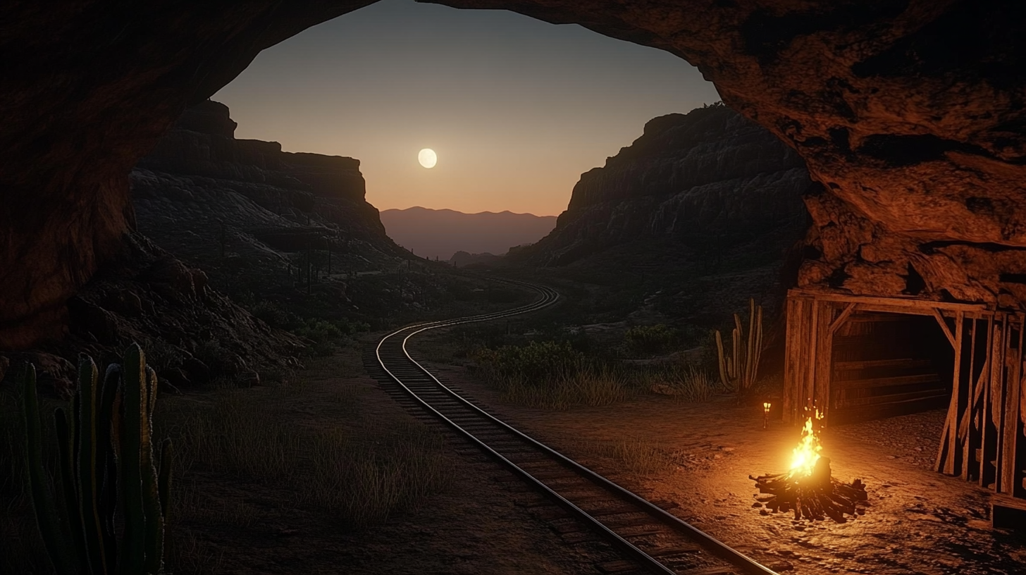 View of desert campfire near mining cavern at dawn.