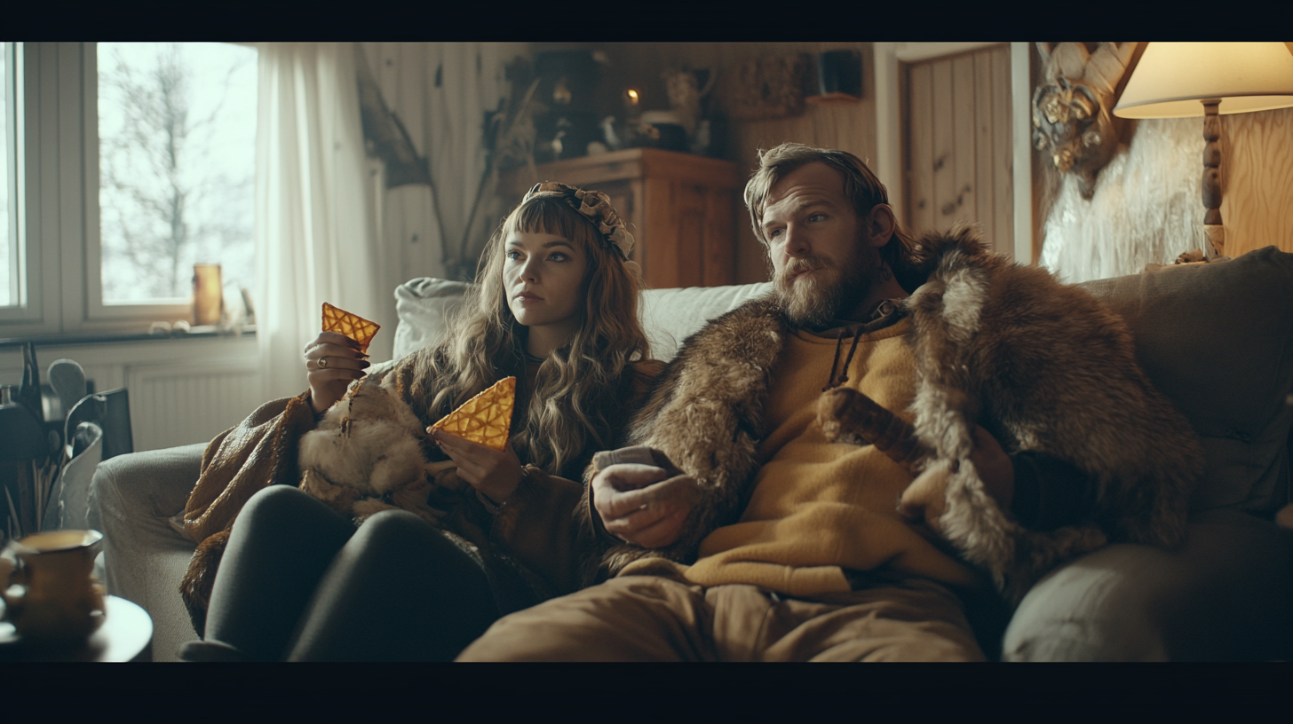 Viking Couple Eating Crisps in Living Room, 4K