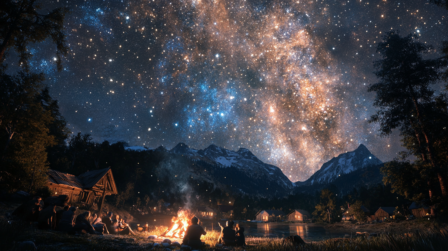 Village storytelling under starry galaxy night sky.