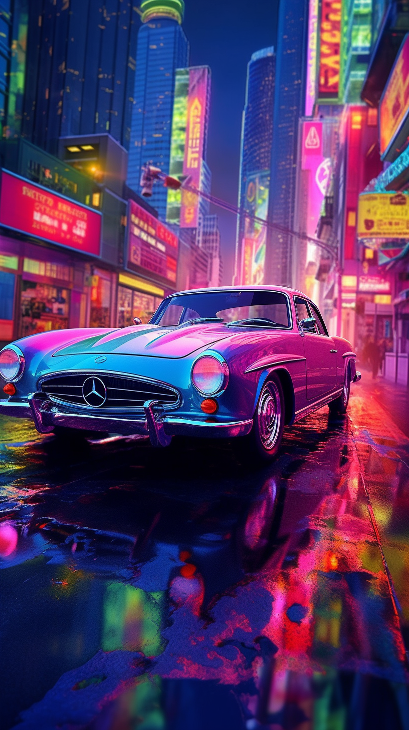 Vintage Mercedes-Benz in neon-lit cyberpunk cityscape.